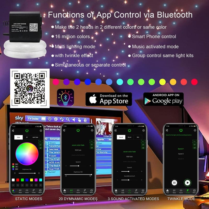 AKEPO APP 20W Dual-Head Fiber Optic Lights, 2 Light Color Heads RGBW Twinkle+9.8ft/3m 600pcs of 0.03in Optical Fibers+Sound Activated Fiber Optic Star Ceiling Light Kit for Car Headliner Star/Home - Image 3